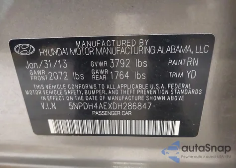 2013 Hyundai Elantra Gls z USA, uszkodzony, nr VIN 5NPDH4AEXDH286847